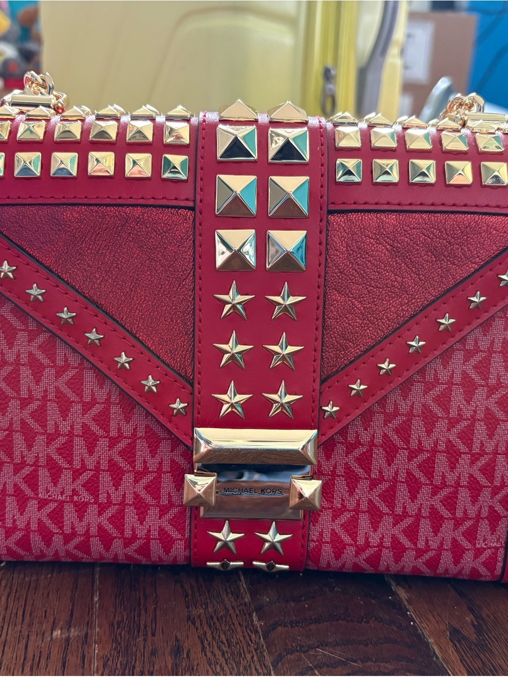 Authentic Michael Kors Whitney Red Star Studded Bag with Gold Hardware